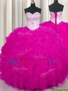 Pretty Fuchsia Sleeveless Floor Length Beading and Ruffles Lace Up Quinceanera Dresses