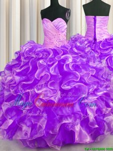 Customized Floor Length Purple Quince Ball Gowns Sweetheart Sleeveless Lace Up