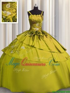 Amazing Yellow Green Ball Gowns Spaghetti Straps Sleeveless Satin Floor Length Lace Up Beading and Embroidery Quinceanera Dresses