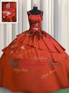 Sleeveless Satin Floor Length Lace Up Quince Ball Gowns in Rust Red for with Beading and Embroidery
