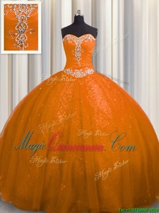 Sexy Sweetheart Sleeveless Tulle and Sequined Quinceanera Dresses Beading and Appliques Court Train Lace Up