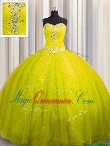 Yellow Green Lace Up Sweetheart Beading and Appliques Quinceanera Dress Tulle and Sequined Sleeveless Court Train