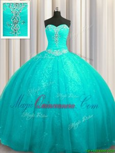 Custom Designed Sequined Lace Up Sweet 16 Dresses Aqua Blue and In for Military Ball and Sweet 16 and Quinceanera with Beading and Appliques Court Train