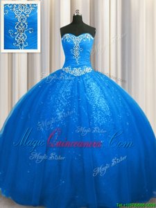 Blue Sleeveless Tulle and Sequined Court Train Lace Up Sweet 16 Dresses for Military Ball and Sweet 16 and Quinceanera