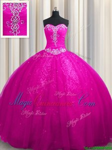 Fuchsia Ball Gowns Sweetheart Sleeveless Tulle and Sequined With Train Court Train Lace Up Beading and Appliques Sweet 16 Quinceanera Dress
