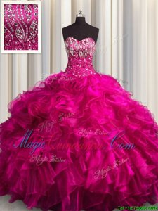 Cute Brush Train Fuchsia Sleeveless Beading and Ruffles Lace Up Quinceanera Dresses