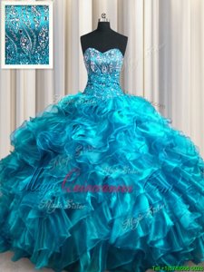 Sleeveless Brush Train Lace Up With Train Beading and Ruffles Quinceanera Gowns