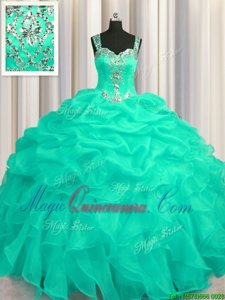 See Through Zipper Up Straps Sleeveless Zipper Vestidos de Quinceanera Turquoise Organza