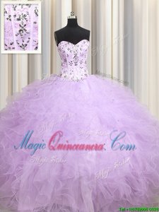 Pretty Visible Boning Floor Length Lavender Vestidos de Quinceanera Tulle Sleeveless Beading and Appliques and Ruffles