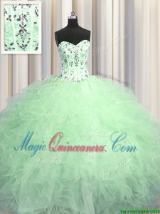 Visible Boning Floor Length Apple Green Vestidos de Quinceanera Tulle Sleeveless Beading and Appliques and Ruffles