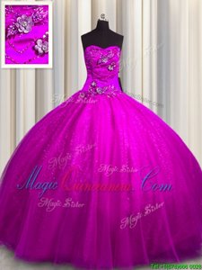 Trendy Fuchsia Sleeveless Tulle and Sequined Lace Up Quince Ball Gowns for Military Ball and Sweet 16 and Quinceanera