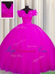Fuchsia Off The Shoulder Lace Up Ruching Quinceanera Gown Court Train Short Sleeves