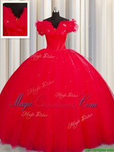Off The Shoulder Tulle Short Sleeves With Train Sweet 16 Dress Court Train and Ruching