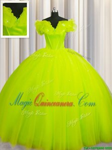 Off The Shoulder Short Sleeves Court Train Lace Up Quinceanera Gown Yellow Green Tulle
