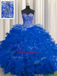 Custom Fit See Through Sleeveless Organza Floor Length Lace Up Sweet 16 Quinceanera Dress in Royal Blue for with Beading and Ruffles