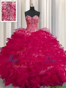 Fine See Through Sleeveless Lace Up Floor Length Beading and Ruffles Sweet 16 Dress