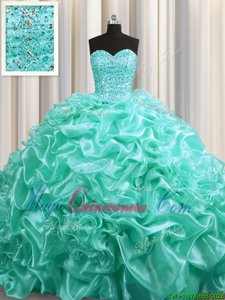 With Train Aqua Blue Quince Ball Gowns Organza Court Train Sleeveless Beading and Pick Ups