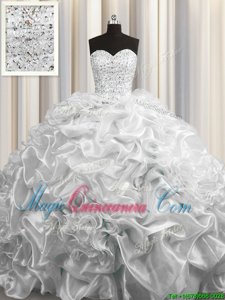 Wonderful Court Train Grey Lace Up Sweetheart Beading and Pick Ups 15th Birthday Dress Organza Sleeveless