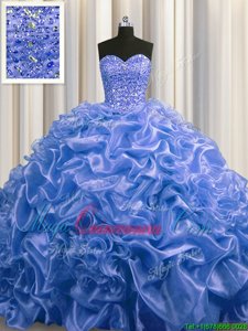 Blue Ball Gowns Sweetheart Sleeveless Organza With Train Court Train Lace Up Beading and Pick Ups Vestidos de Quinceanera