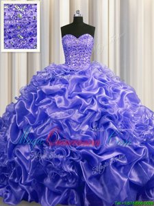Glamorous Organza Sweetheart Sleeveless Court Train Lace Up Beading and Pick Ups Sweet 16 Quinceanera Dress in Purple