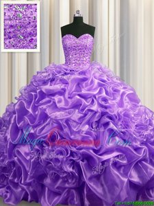 Hot Sale With Train Lavender Sweet 16 Dresses Organza Court Train Sleeveless Beading and Pick Ups