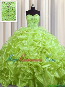 Clearance Sweetheart Sleeveless Quinceanera Gowns With Train Court Train Beading and Pick Ups Yellow Green Organza