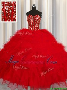 Visible Boning Sweetheart Sleeveless Lace Up Vestidos de Quinceanera Red Tulle