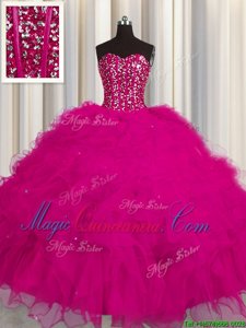 Discount Visible Boning Fuchsia Sleeveless Tulle Lace Up Sweet 16 Dresses for Military Ball and Sweet 16 and Quinceanera