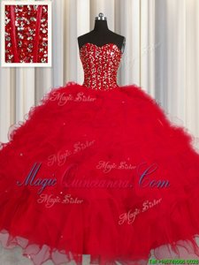 Suitable Visible Boning Red Sleeveless Floor Length Beading and Ruffles and Sequins Lace Up Sweet 16 Quinceanera Dress