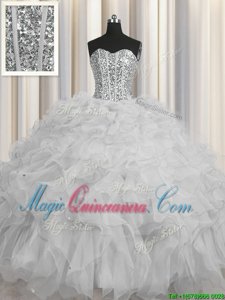 Customized Visible Boning Grey Ball Gowns Tulle Sweetheart Sleeveless Beading and Ruffles and Sequins Floor Length Lace Up Sweet 16 Dress