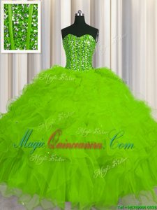 Free and Easy Visible Boning Sweetheart Sleeveless Lace Up Sweet 16 Quinceanera Dress Yellow Green Tulle