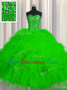 High Class Visible Boning Sleeveless Beading and Ruffles and Sequins Floor Length Sweet 16 Quinceanera Dress