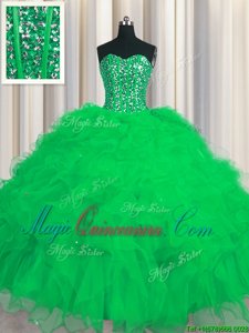 Visible Boning Green Tulle Lace Up 15 Quinceanera Dress Sleeveless Floor Length Beading and Ruffles and Sequins