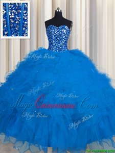 Visible Boning Blue Sleeveless Floor Length Beading and Ruffles and Sequins Lace Up Quinceanera Dress