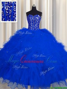 Extravagant Visible Boning Royal Blue Sleeveless Tulle Lace Up 15th Birthday Dress for Military Ball and Quinceanera
