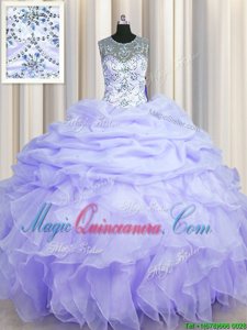 Ideal See Through Scoop Sleeveless Lace Up Sweet 16 Dresses Lavender Organza