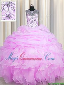 See Through Lilac Lace Up Quinceanera Dresses Beading and Ruffles and Pick Ups Sleeveless Floor Length