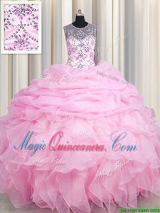 See Through Pick Ups Ball Gowns Quinceanera Gown Rose Pink Scoop Organza Sleeveless Floor Length Lace Up