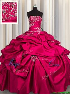 Hot Pink Lace Up Strapless Appliques and Pick Ups Quinceanera Gowns Taffeta Sleeveless