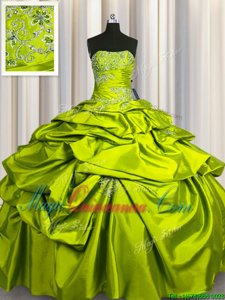 Dynamic Yellow Green Quinceanera Dresses Military Ball and Sweet 16 and Quinceanera and For with Beading and Pick Ups Strapless Sleeveless Lace Up