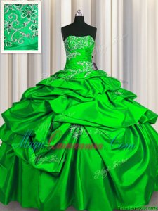 Green Strapless Lace Up Appliques and Pick Ups Quinceanera Gown Sleeveless