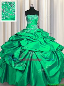Turquoise Vestidos de Quinceanera Military Ball and Sweet 16 and Quinceanera and For with Appliques and Pick Ups Strapless Sleeveless Lace Up