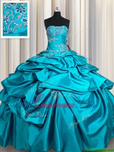 Shining Pick Ups Ball Gowns 15th Birthday Dress Aqua Blue Strapless Taffeta Sleeveless Floor Length Lace Up