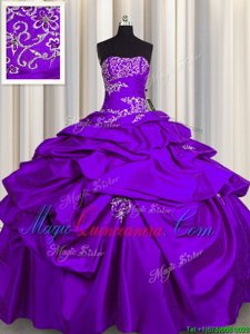 Pick Ups Floor Length Purple Vestidos de Quinceanera Strapless Sleeveless Lace Up