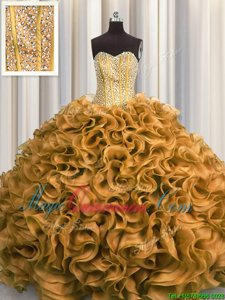 Dynamic Visible Boning Floor Length Lace Up Quinceanera Gowns Gold and In for Military Ball and Sweet 16 and Quinceanera with Beading and Ruffles