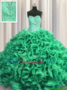 Visible Boning Turquoise Lace Up Quinceanera Dress Beading and Ruffles Sleeveless Floor Length