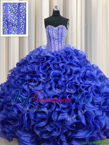 Visible Boning Royal Blue Sweetheart Lace Up Beading and Ruffles Sweet 16 Dresses Sleeveless