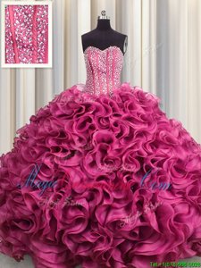 Classical Visible Boning Hot Pink Ball Gowns Beading and Ruffles Quinceanera Gowns Lace Up Organza Sleeveless Floor Length