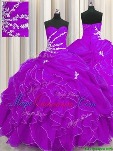 Purple Sweetheart Neckline Beading and Appliques and Ruffles Quince Ball Gowns Sleeveless Lace Up