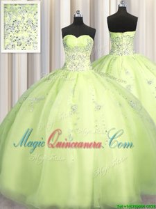Graceful Big Puffy Sweetheart Sleeveless 15th Birthday Dress Floor Length Beading and Appliques Yellow Green Organza